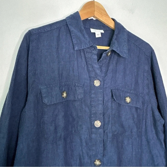 J. Jill Navy Blue 100% Linen Shirt Jacket Button Down Lagenlook Shacket Size L - Picture 2 of 8
